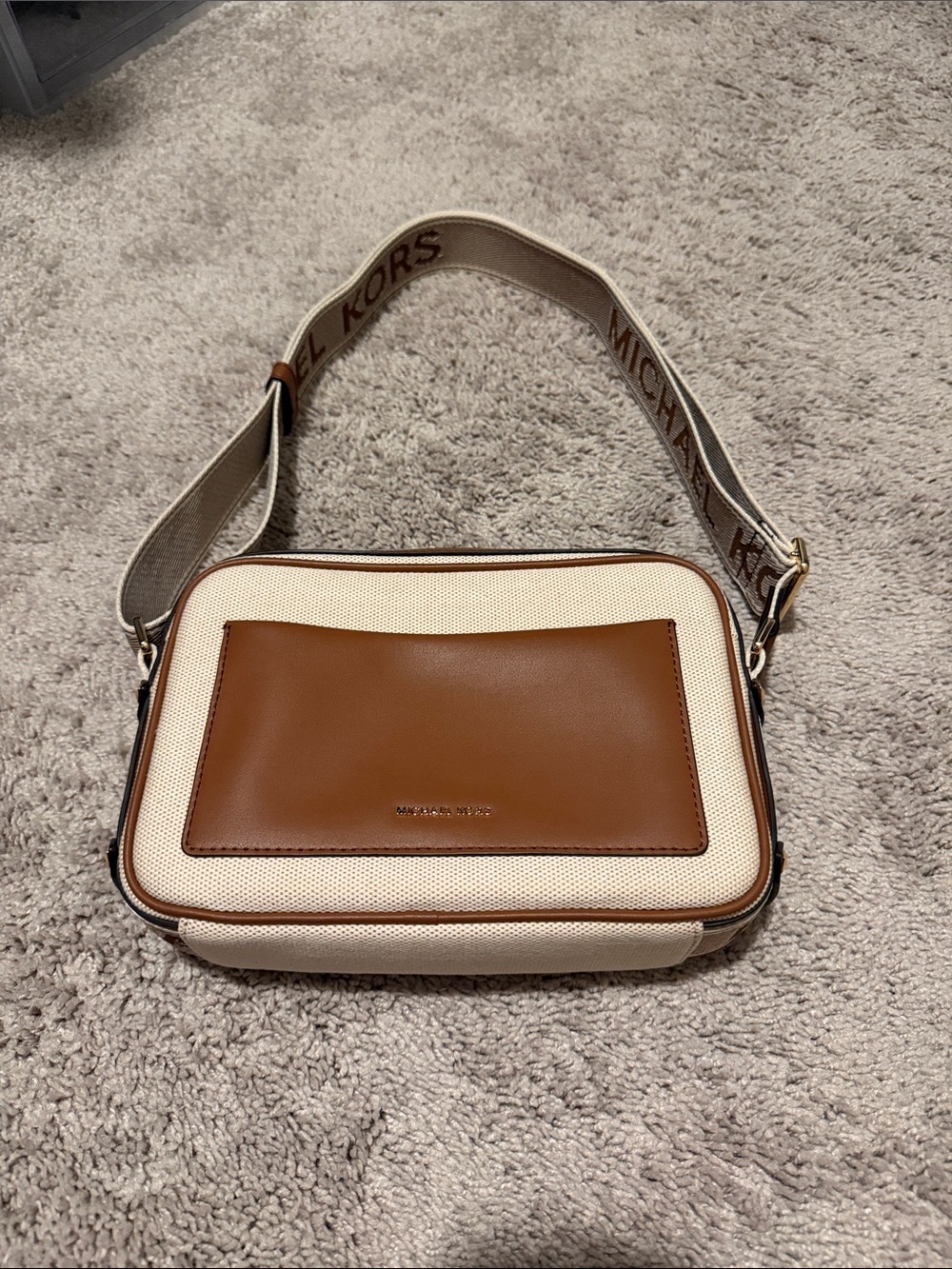 Michael Kors Cream and Brown Canvas Crossbody Messenger Bag